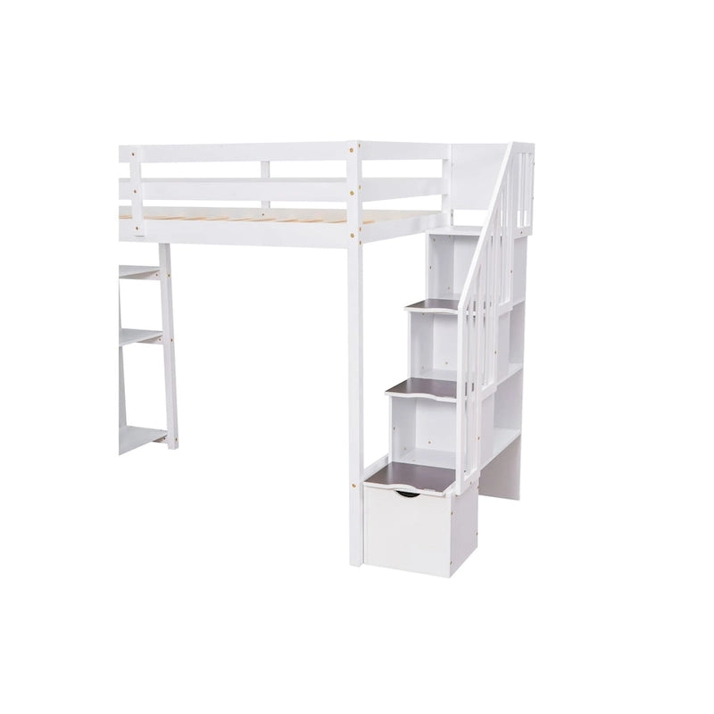Lit mezzanine avec tiroirs de rangement et escalier, lit mezzanine en bois avec étagères