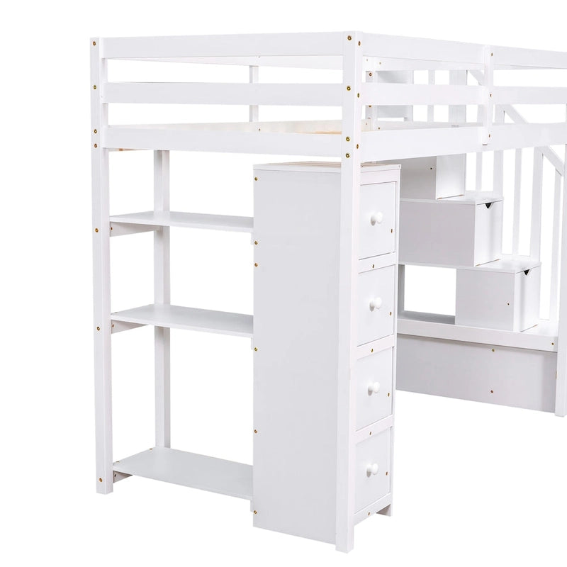 Lit mezzanine avec tiroirs de rangement et escalier, lit mezzanine en bois avec étagères
