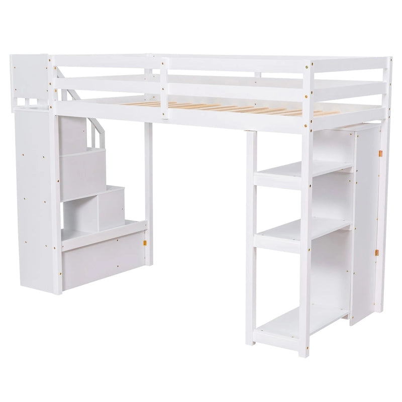 Lit mezzanine avec tiroirs de rangement et escalier, lit mezzanine en bois avec étagères