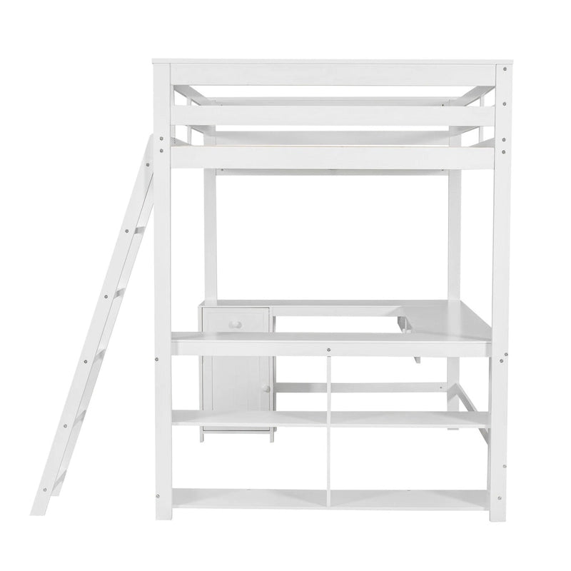 Lit mezzanine en bois pleine grandeur avec bureau en U, tiroirs et étagères de rangement