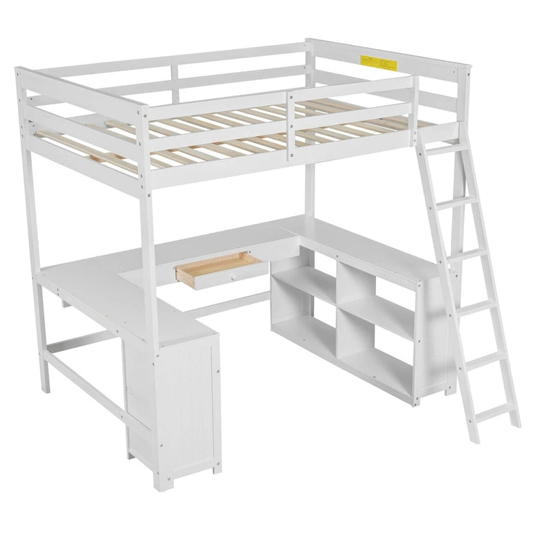 Lit mezzanine en bois pleine grandeur avec bureau en U, tiroirs et étagères de rangement