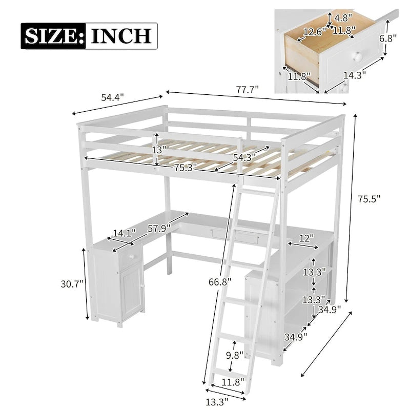 Lit mezzanine en bois pleine grandeur avec bureau en U, tiroirs et étagères de rangement