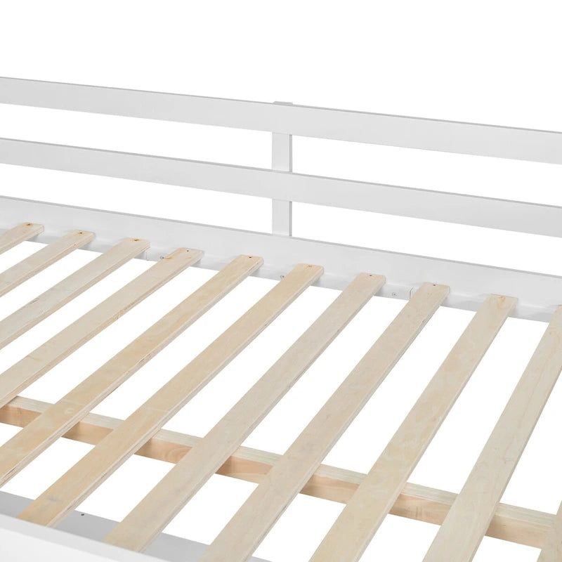 Lit mezzanine en bois pleine grandeur avec bureau en U, tiroirs et étagères de rangement