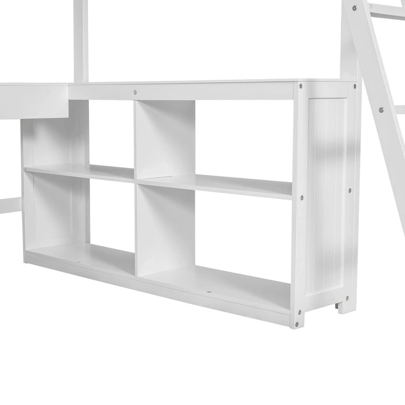 Lit mezzanine en bois pleine grandeur avec bureau en U, tiroirs et étagères de rangement
