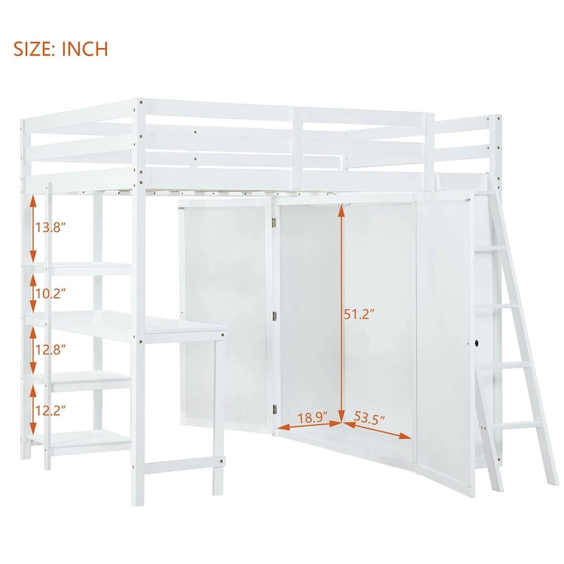 Lit mezzanine blanc pleine grandeur avec armoire, bureau et étagères