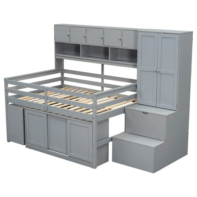 Full Size Wooden Loft Bed Big Storage with Under-bed Desk, with Drawers, with Shelves