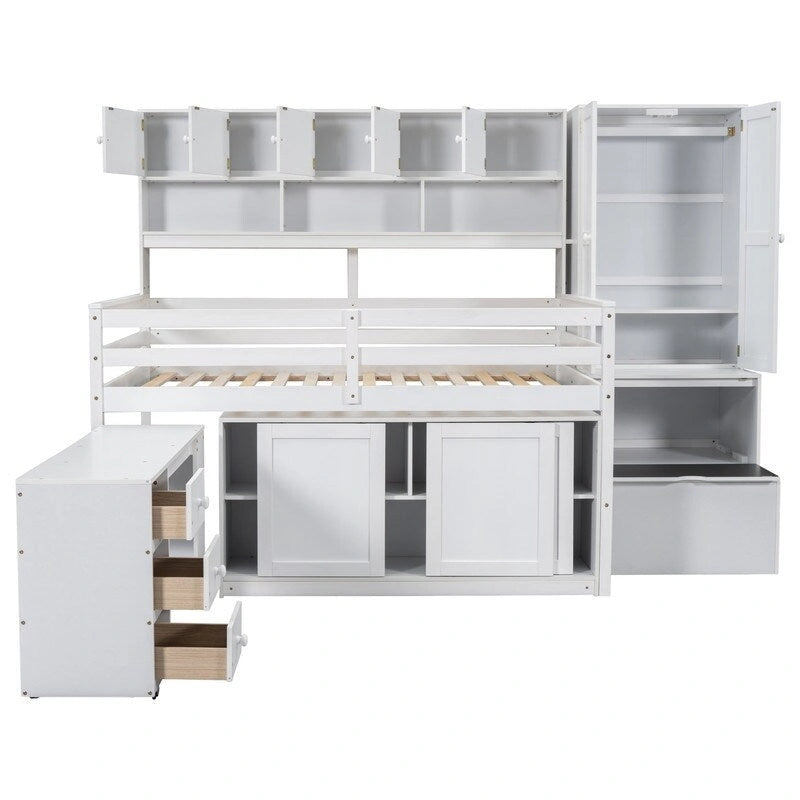 Lit mezzanine en bois pleine grandeur grand rangement avec bureau sous le lit, avec tiroirs, avec étagères