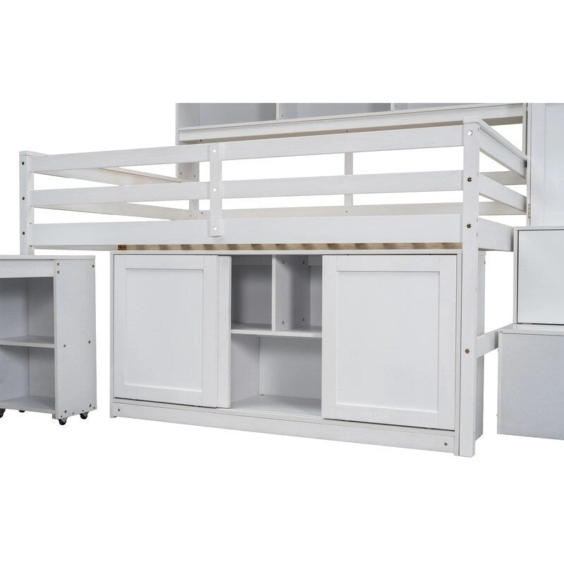Lit mezzanine en bois pleine grandeur grand rangement avec bureau sous le lit, avec tiroirs, avec étagères