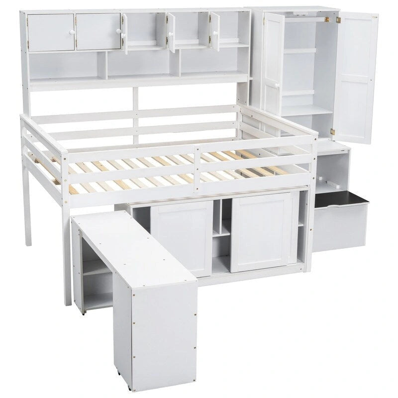 Lit mezzanine en bois pleine grandeur grand rangement avec bureau sous le lit, avec tiroirs, avec étagères