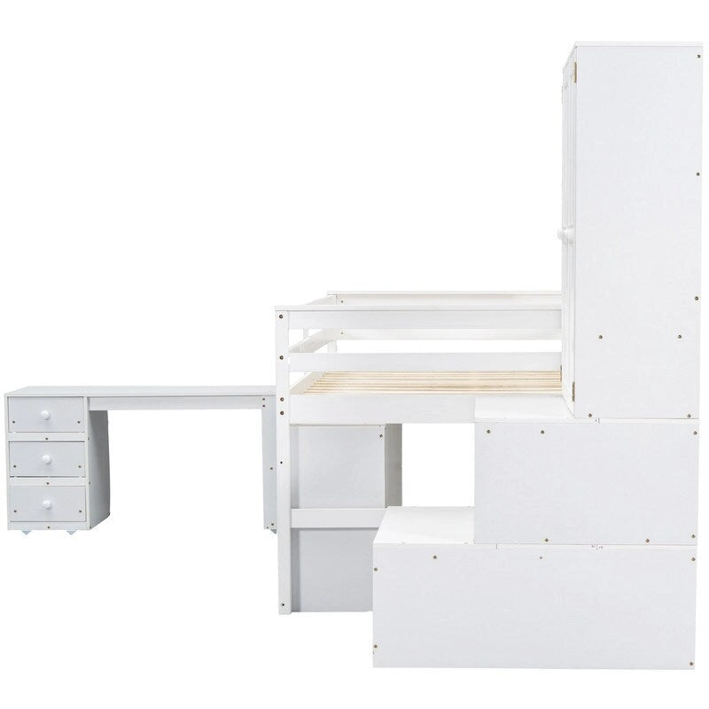 Lit mezzanine en bois pleine grandeur grand rangement avec bureau sous le lit, avec tiroirs, avec étagères