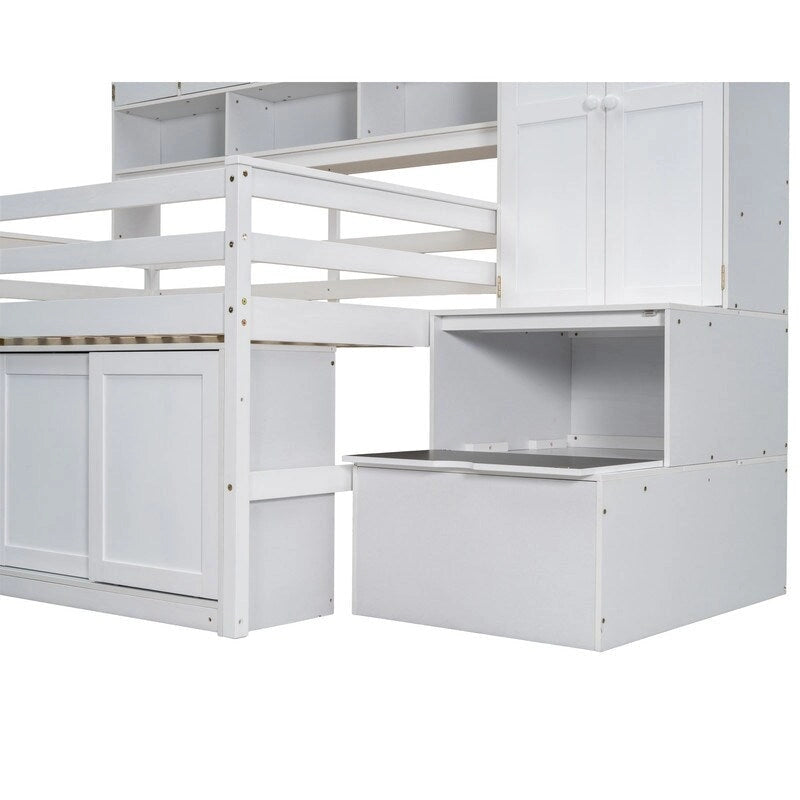 Lit mezzanine en bois pleine grandeur grand rangement avec bureau sous le lit, avec tiroirs, avec étagères
