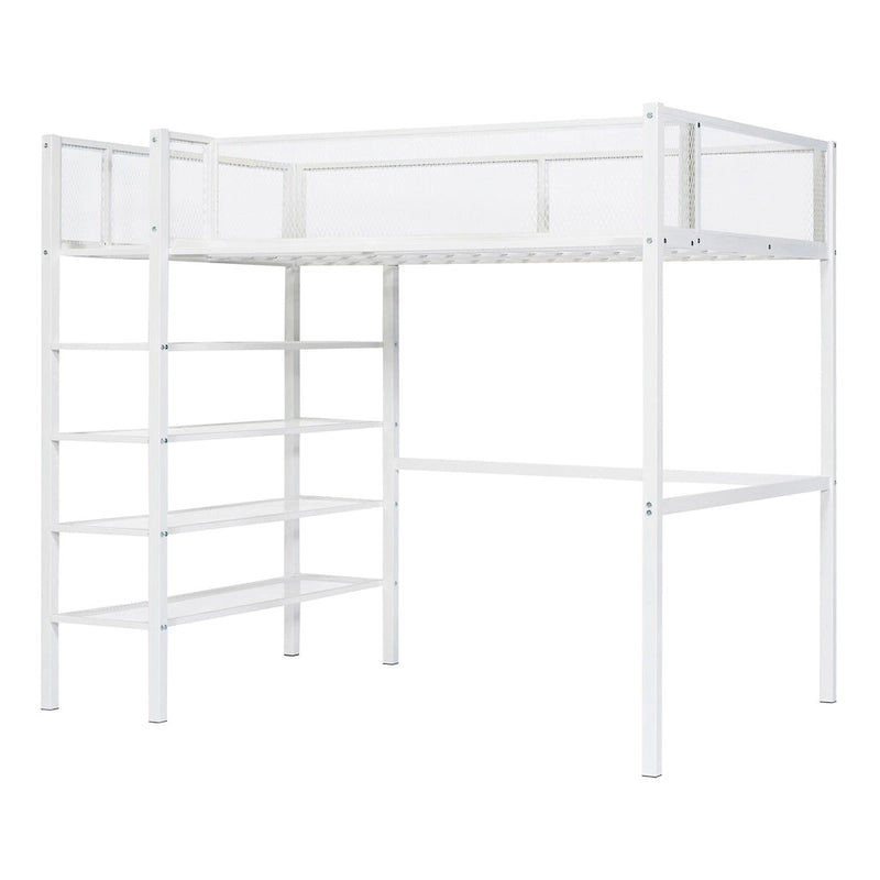 Lit mezzanine en métal blanc avec étagères à 4 niveaux, poste de travail et barrière de sécurité sur toute la longueur