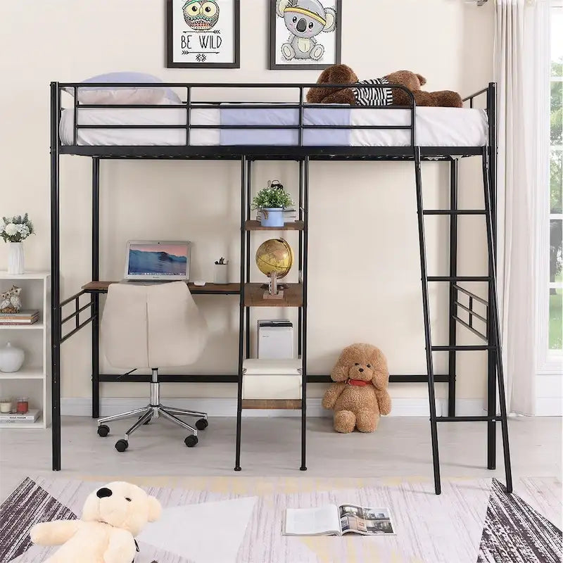 Lit mezzanine en métal pour lits jumeaux avec bureau intégré et étagères