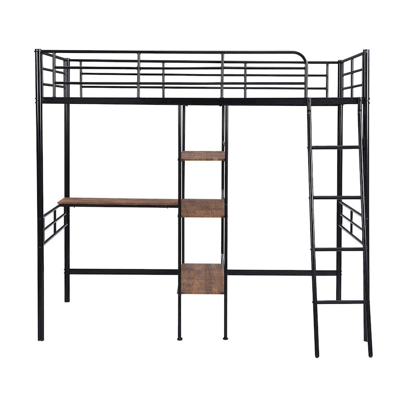 Lit mezzanine en métal pour lits jumeaux avec bureau intégré et étagères