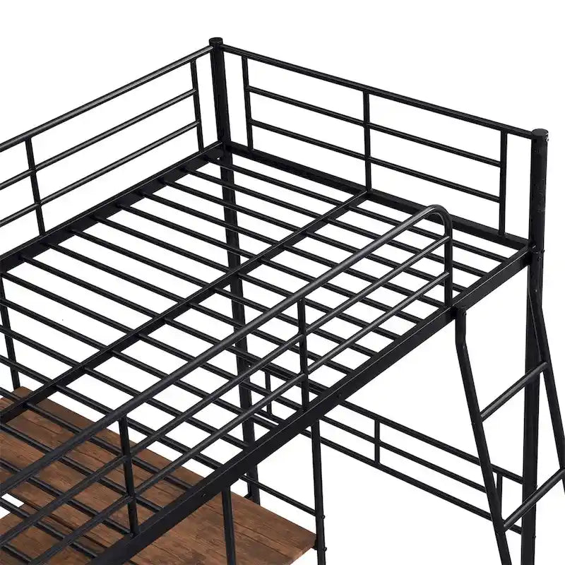 Lit mezzanine en métal pour lits jumeaux avec bureau intégré et étagères
