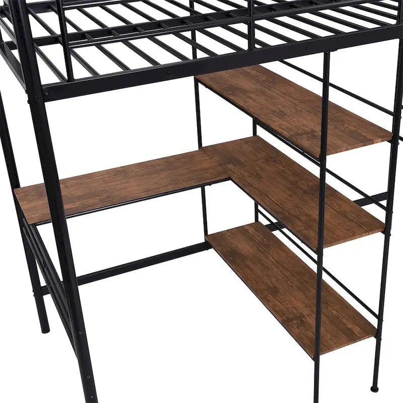 Lit mezzanine en métal pour lits jumeaux avec bureau intégré et étagères
