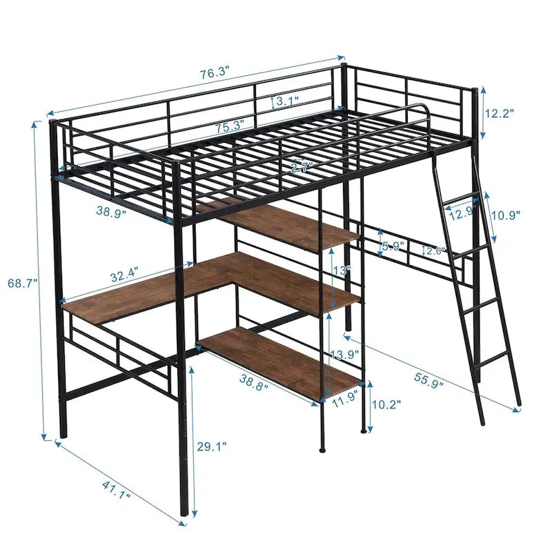 Lit mezzanine en métal pour lits jumeaux avec bureau intégré et étagères
