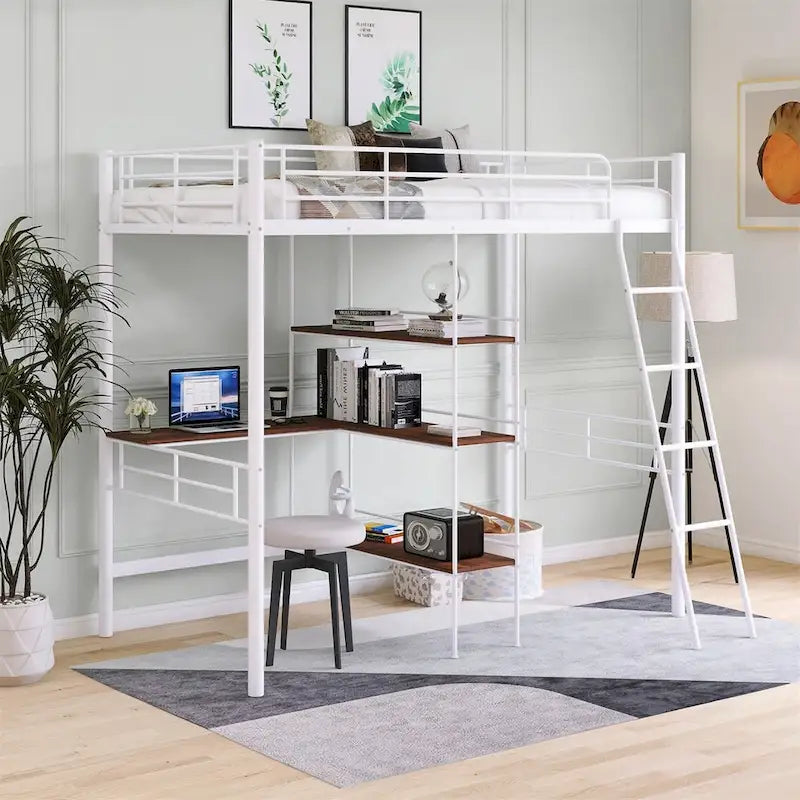 Lit mezzanine en métal pour lits jumeaux avec bureau intégré et étagères