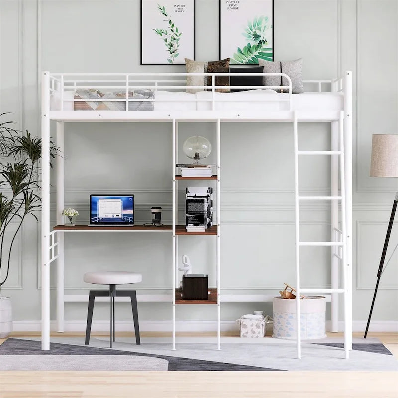 Lit mezzanine en métal pour lits jumeaux avec bureau intégré et étagères