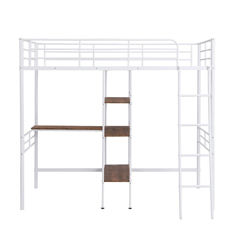 Lit mezzanine en métal pour lits jumeaux avec bureau intégré et étagères
