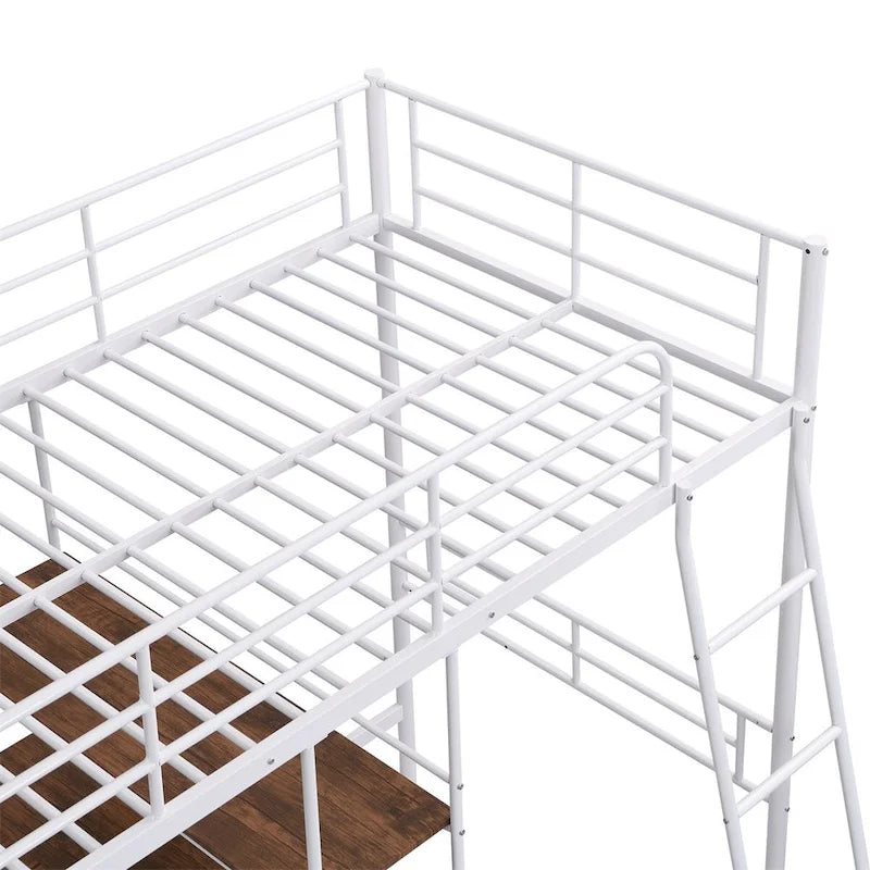 Lit mezzanine en métal pour lits jumeaux avec bureau intégré et étagères
