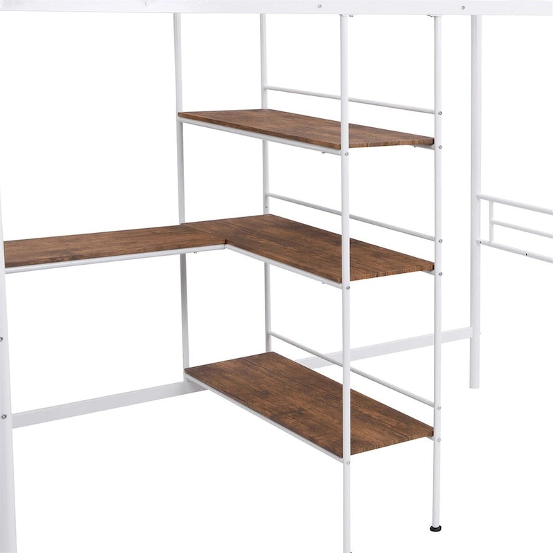 Lit mezzanine en métal pour lits jumeaux avec bureau intégré et étagères