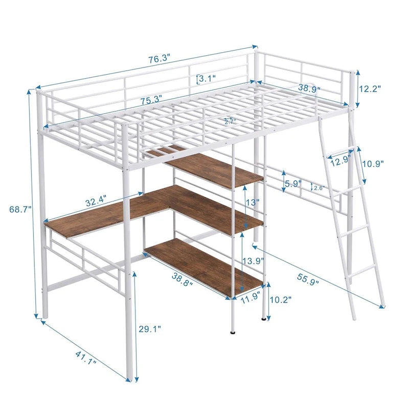 Lit mezzanine en métal pour lits jumeaux avec bureau intégré et étagères