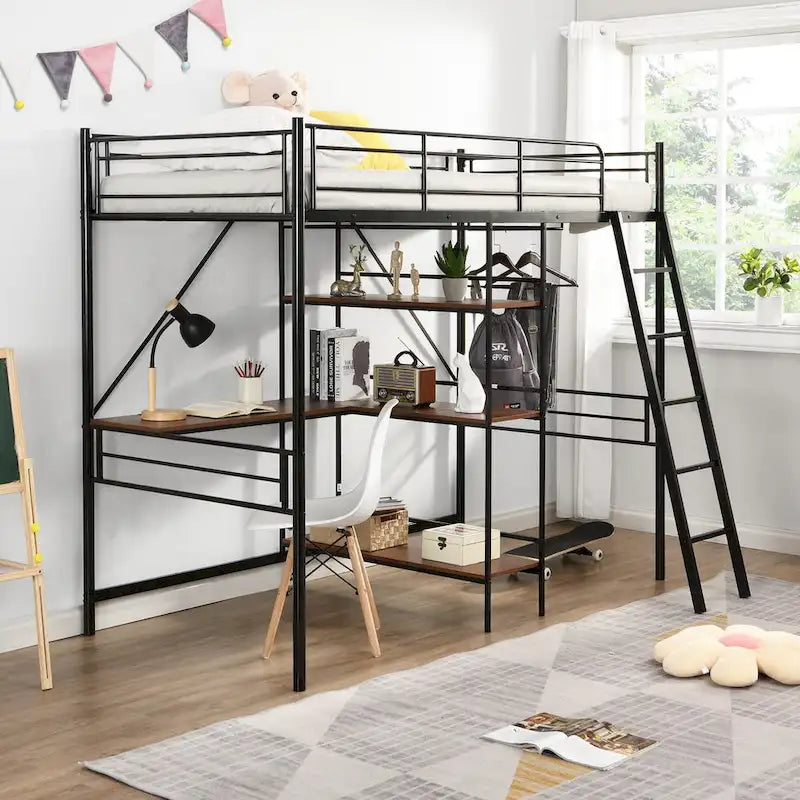 Lit mezzanine en métal pour lits jumeaux avec bureau intégré et étagères