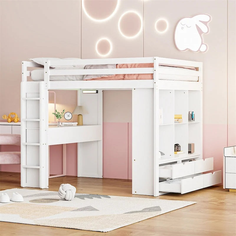 Full Size Loft Bed with Large Shelves,Writing Desk and LED Light