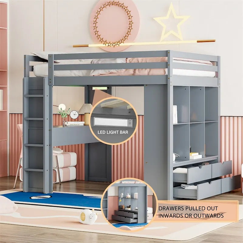Lit mezzanine pleine grandeur avec grandes étagères, bureau et éclairage LED