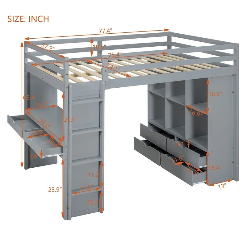 Lit mezzanine pleine grandeur avec grandes étagères, bureau et éclairage LED