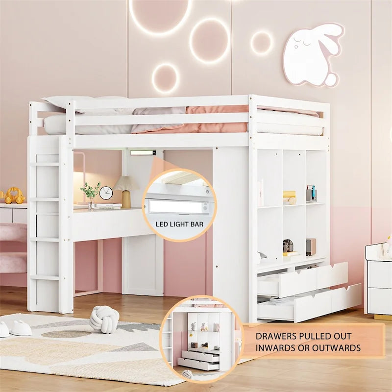 Lit mezzanine pleine grandeur avec grandes étagères, bureau et éclairage LED
