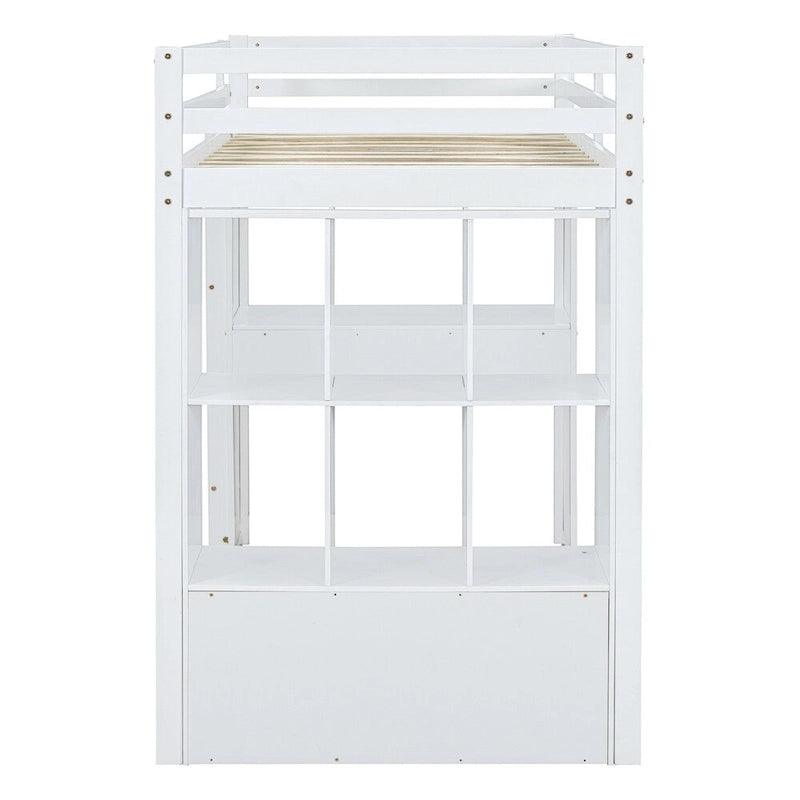 Lit mezzanine pleine grandeur avec grandes étagères, bureau et éclairage LED