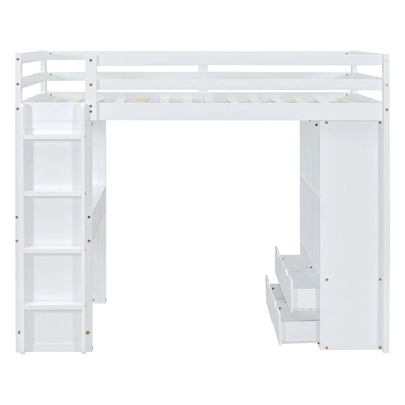 Lit mezzanine pleine grandeur avec grandes étagères, bureau et éclairage LED