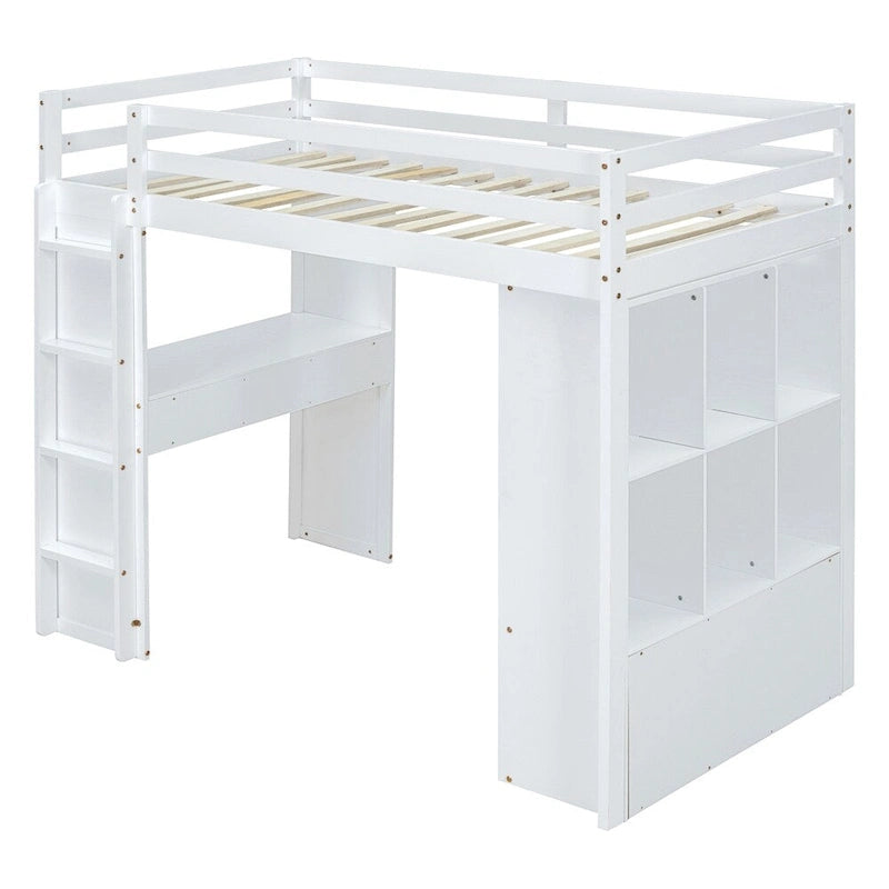 Lit mezzanine pleine grandeur avec grandes étagères, bureau et éclairage LED