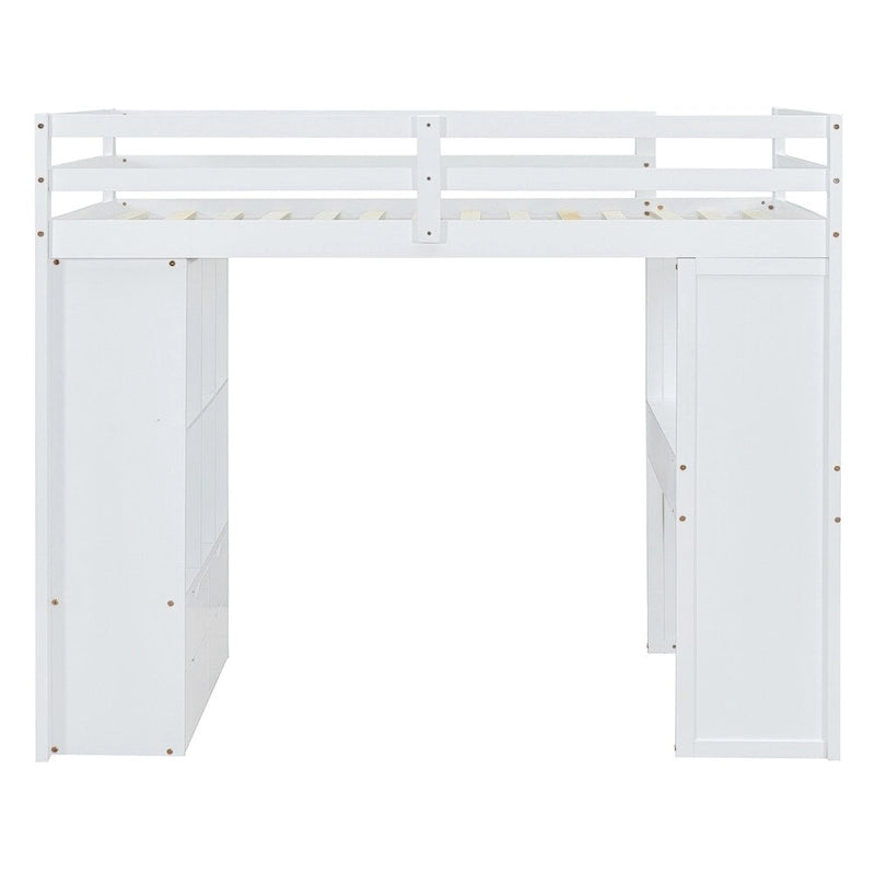 Lit mezzanine pleine grandeur avec grandes étagères, bureau et éclairage LED