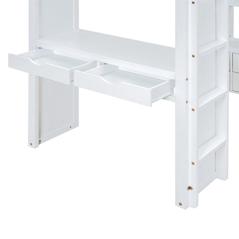 Lit mezzanine pleine grandeur avec grandes étagères, bureau et éclairage LED