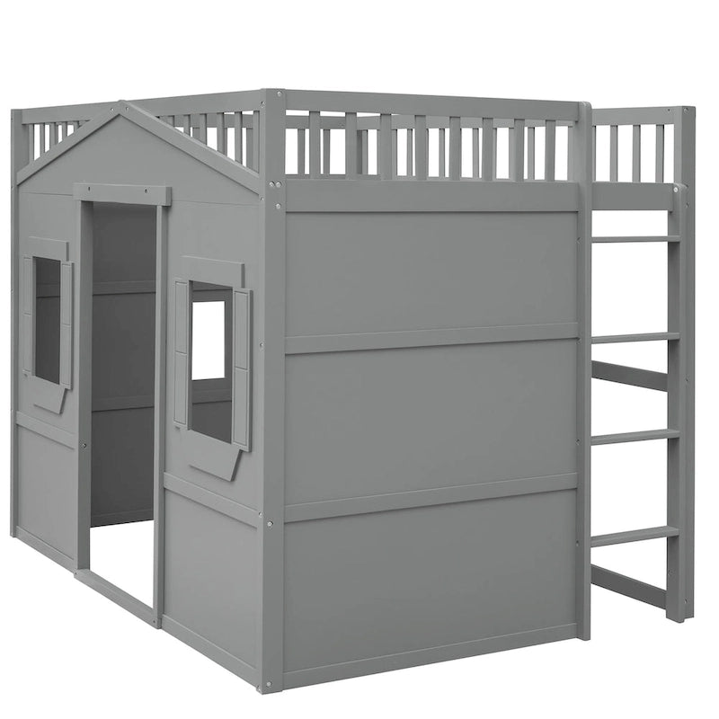 Solid Wood Full Size House Loft Bed with Ladder and Underbed Gaming Space