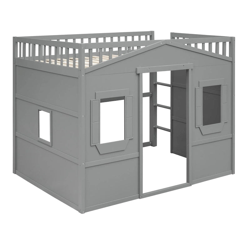 Lit cabane mezzanine en bois massif avec échelle et espace de jeu sous le lit