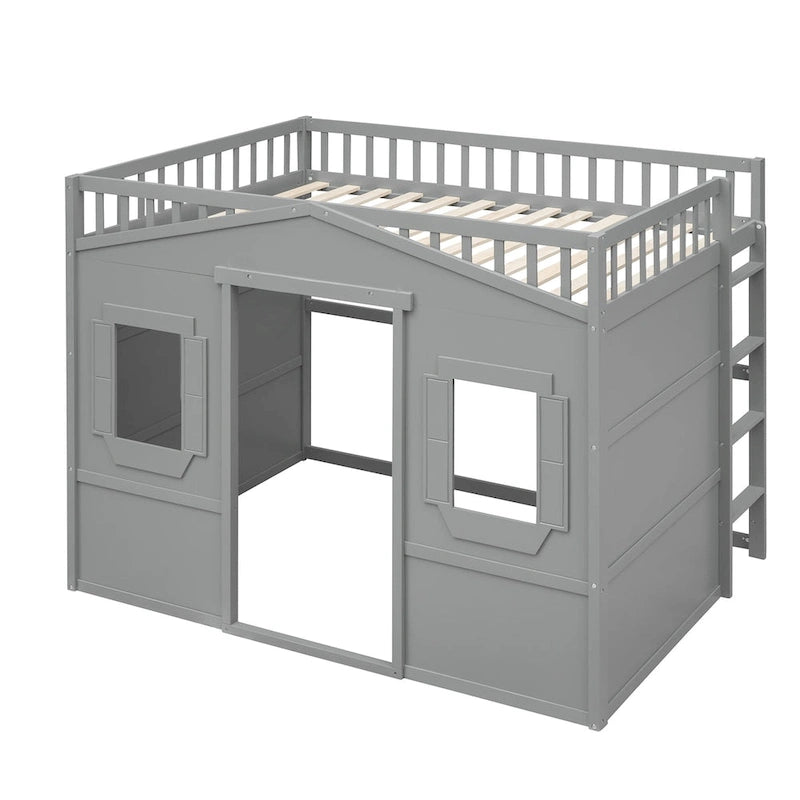 Lit cabane mezzanine en bois massif avec échelle et espace de jeu sous le lit