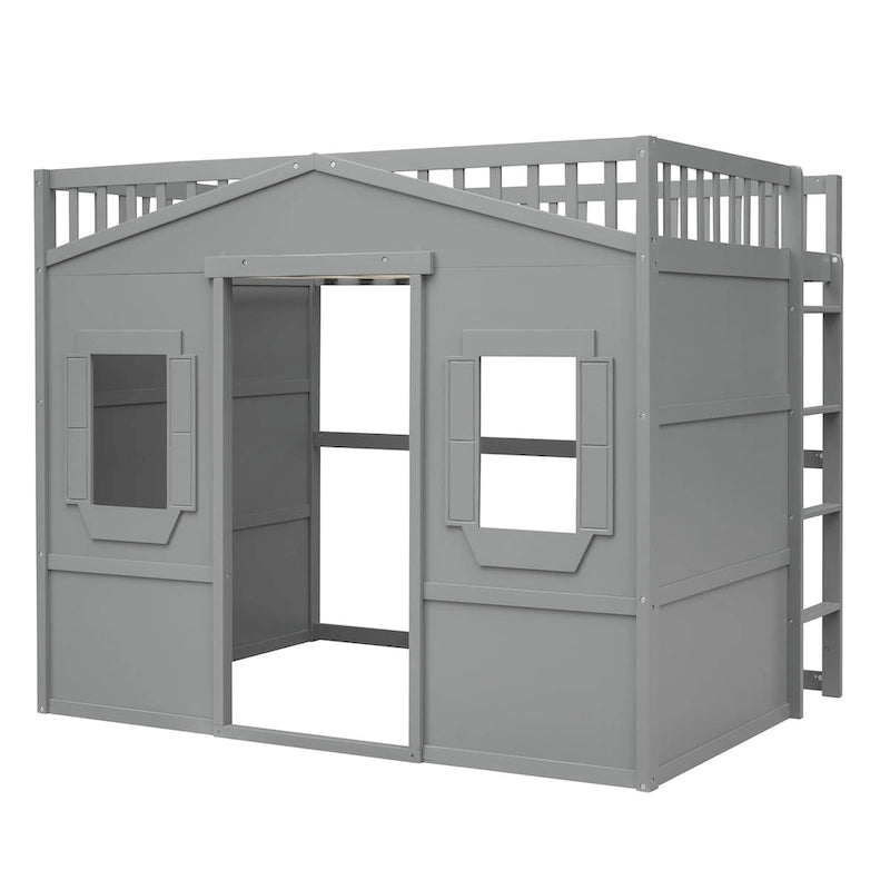 Lit cabane mezzanine en bois massif avec échelle et espace de jeu sous le lit