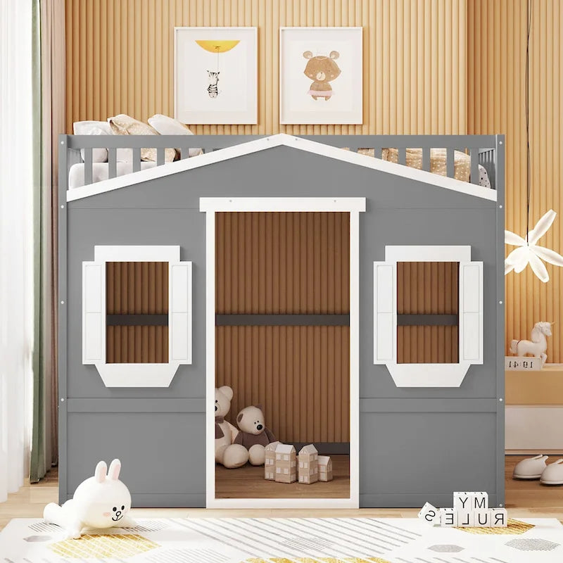 Lit cabane mezzanine en bois massif avec échelle et espace de jeu sous le lit