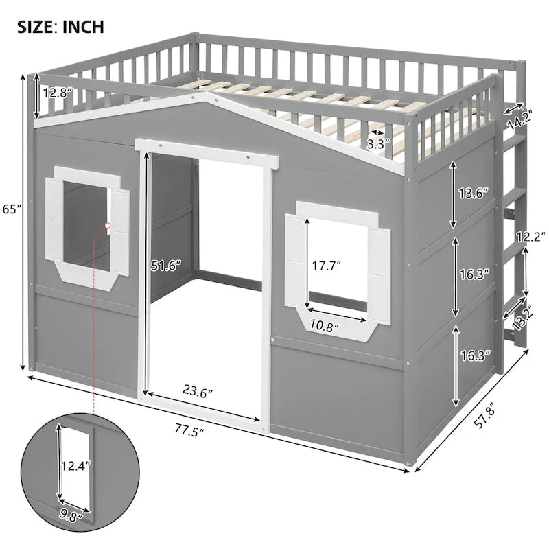 Lit cabane mezzanine en bois massif avec échelle et espace de jeu sous le lit