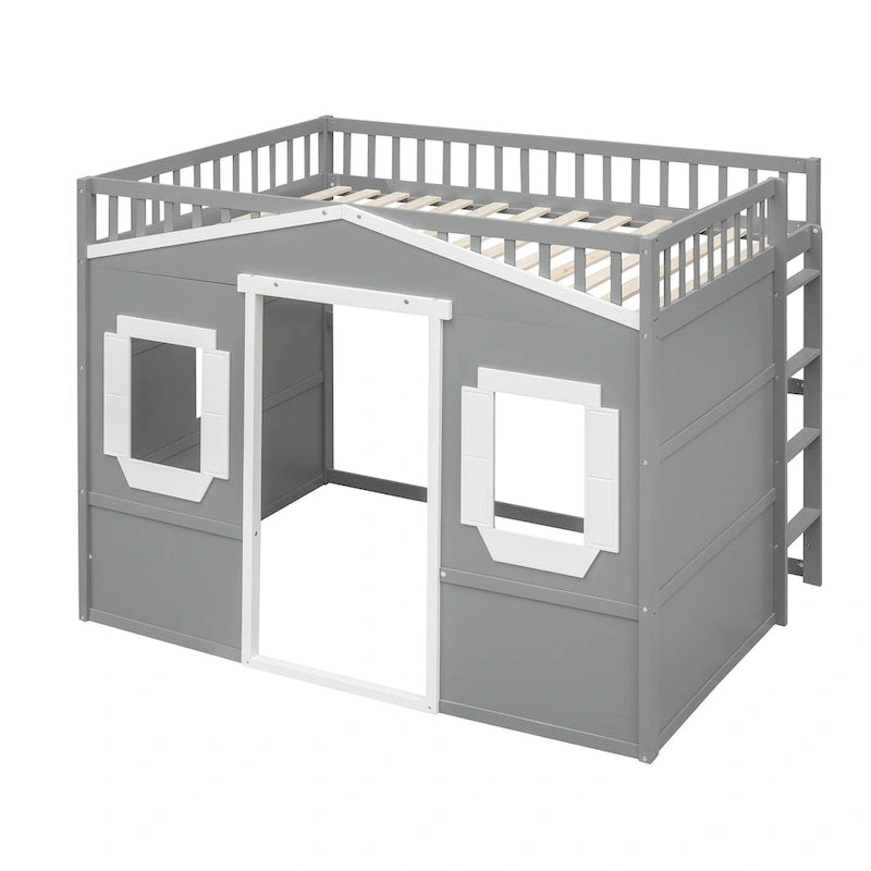 Lit cabane mezzanine en bois massif avec échelle et espace de jeu sous le lit