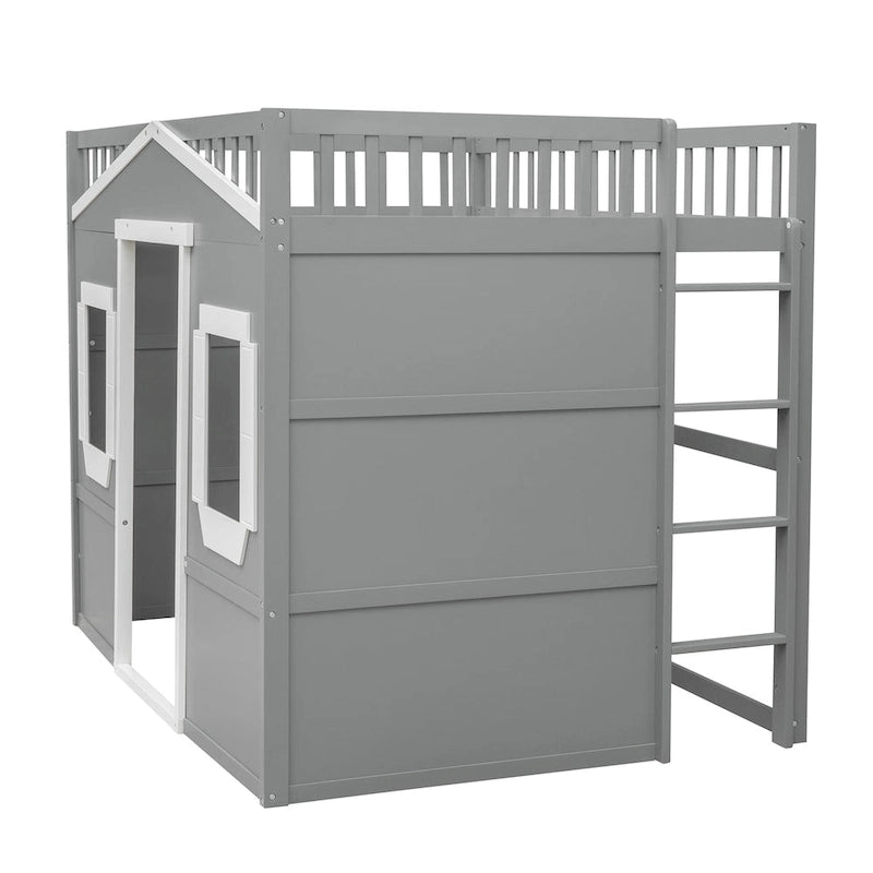 Lit cabane mezzanine en bois massif avec échelle et espace de jeu sous le lit