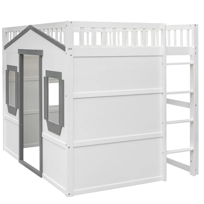 Lit cabane mezzanine en bois massif avec échelle et espace de jeu sous le lit