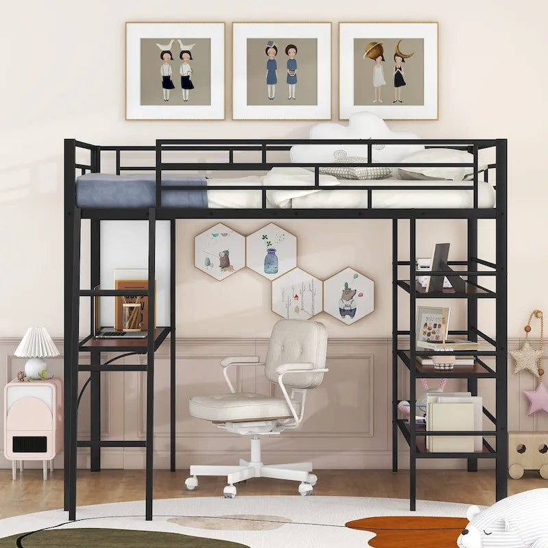 Lit mezzanine pleine grandeur en métal avec 3 étagères et bureau, lit élégant en métal avec tableau blanc