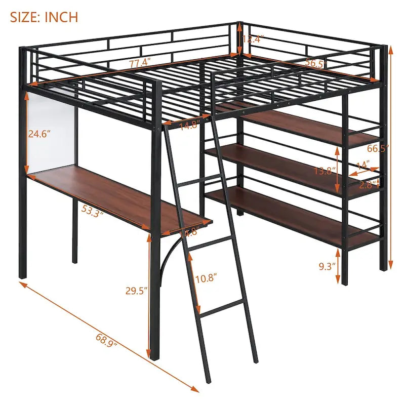 Lit mezzanine pleine grandeur en métal avec 3 étagères et bureau, lit élégant en métal avec tableau blanc