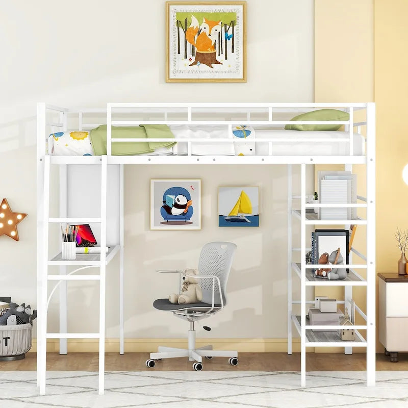 Lit mezzanine pleine grandeur en métal avec 3 étagères et bureau, lit élégant en métal avec tableau blanc
