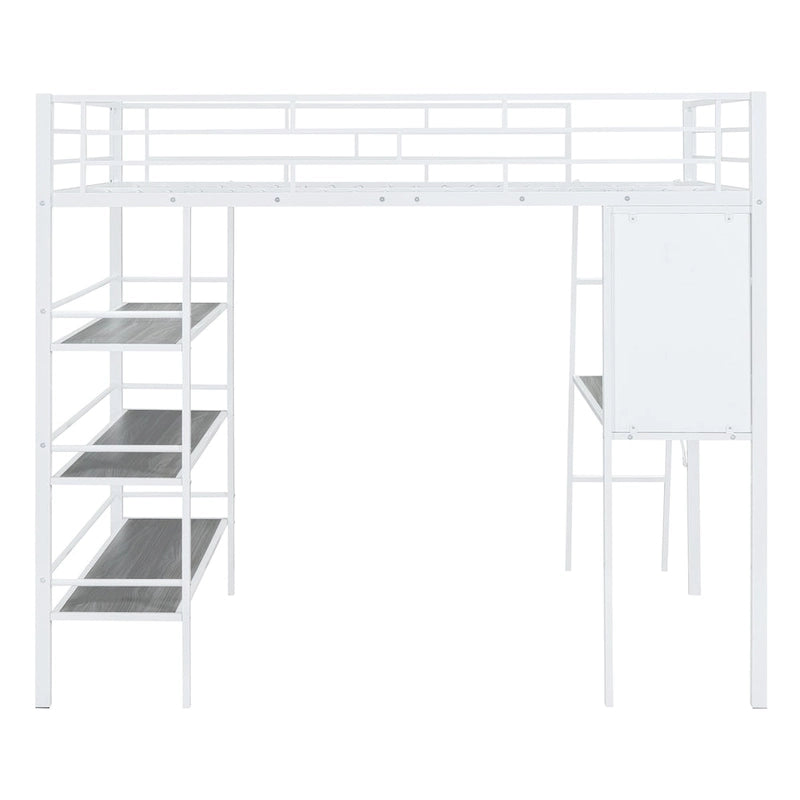 Lit mezzanine pleine grandeur en métal avec 3 étagères et bureau, lit élégant en métal avec tableau blanc